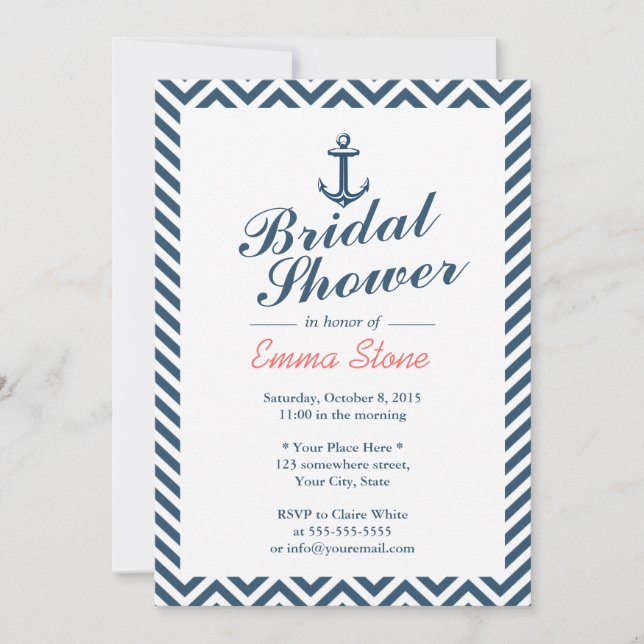 Invitación Ancla Náutica Correa Azul Chevron Rayas Bridal Duc (Anverso)