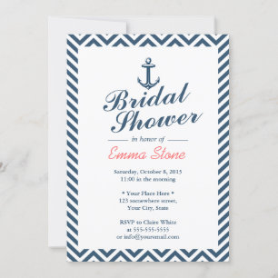 Invitación Ancla Náutica Correa Azul Chevron Rayas Bridal Duc