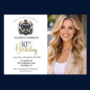 Invitación Ancla Náutica de Azul y Dorado Cumpleaños 30 Foto