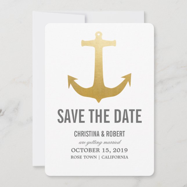 Invitación Ancla Náutica de Papel de Oro Falso Save The Date (Anverso)