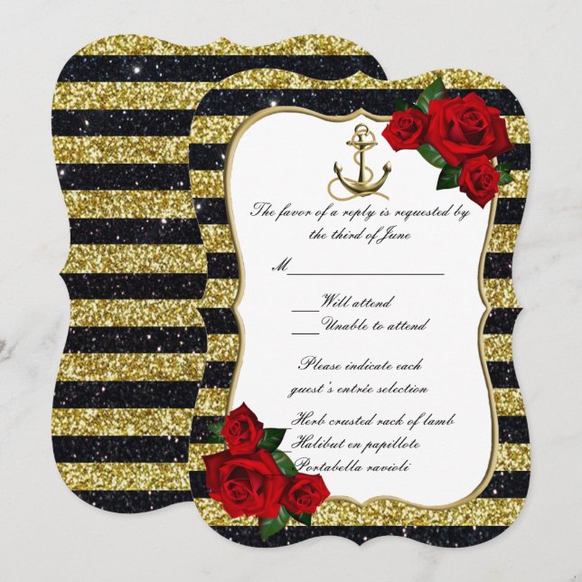 Invitación Ancla Nautica Gold Black Stripes Beach RSVP (Anverso / Reverso)