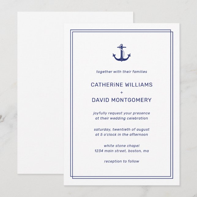 Invitación Ancla Náutica Marina y Blanca Boda Minimalista (Anverso / Reverso)
