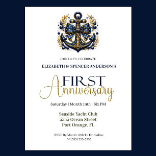Invitación Ancla Náutica Oro Azul 1er Aniversario de Boda
