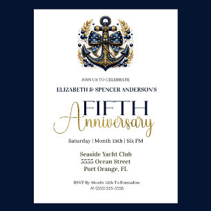 Invitación Ancla Náutica Oro Azul 5to Aniversario de Boda