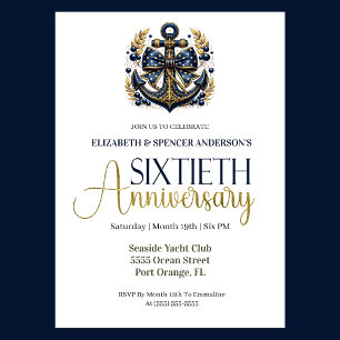 Invitación Ancla Náutica Oro Azul Aniversario de Bodas número