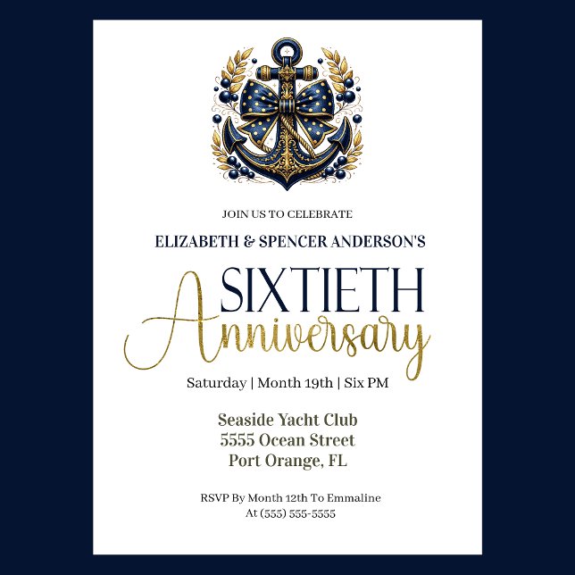 Invitación Ancla Náutica Oro Azul Aniversario de Bodas número (Navy and gold nautical anchor 60th wedding invitation for girl seaside yacht club theme)