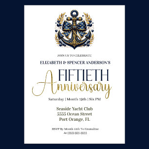 Invitación Ancla Náutica Oro Azul Aniversario de Bodas número