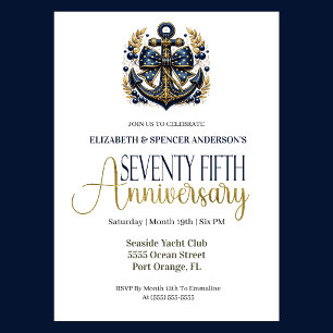 Invitación Ancla Náutica Oro Azul Aniversario de Bodas número