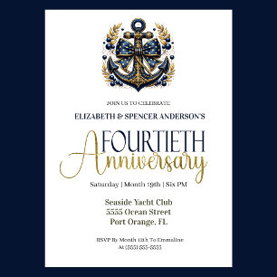 Invitación Ancla Náutica Oro Azul Aniversario de Bodas número