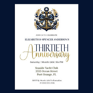 Invitación Ancla Náutica Oro Azul Aniversario de Bodas número