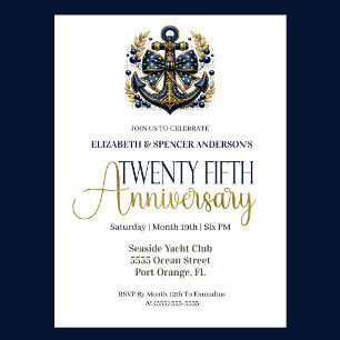 Invitación Ancla Náutica Oro Azul Aniversario de Bodas número