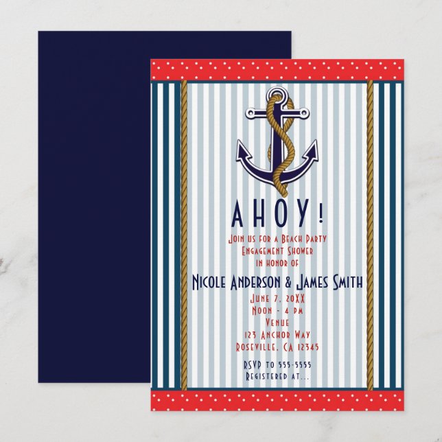 Invitación Ancla Náutica Rojo Blanco Azul Rayas y Puntos (Anverso / Reverso)