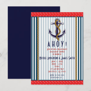 Invitación Ancla Náutica Rojo Blanco Azul Rayas y Puntos
