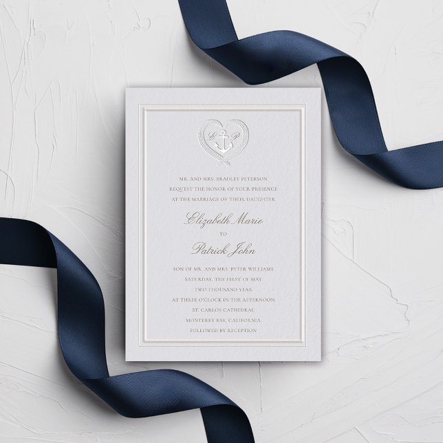 Invitación Ancla náutica Rope Escudo Boda formal clásico (nautical wedding invitation classic formal traditional frame faux embossed anchor crest monograms)