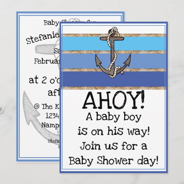 Invitación Ancla náutica y Rope Boy Baby Shower (azul) (Anverso / Reverso)