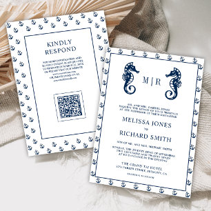 Invitación Ancla Naval Azul Caballito de Mar Código QR Boda