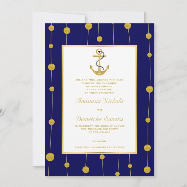 Invitación Ancla, perlas de oro boda náutico azul marino (Anverso)