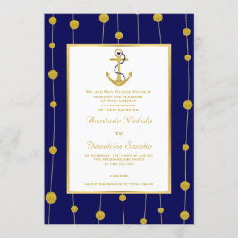 Invitación Ancla, perlas de oro boda náutico azul marino