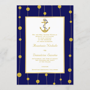Invitación Ancla, perlas de oro boda náutico azul marino