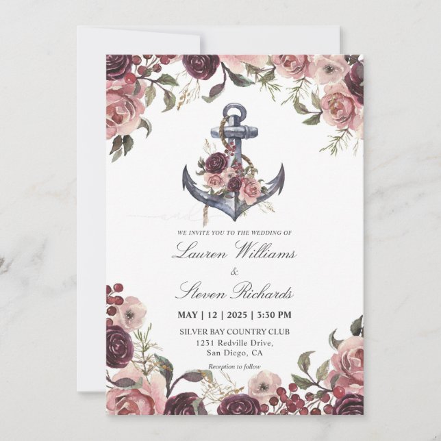 Invitación Ancla Púrpura Rosa Blanco personalizado Y Marco Fl (Anverso)