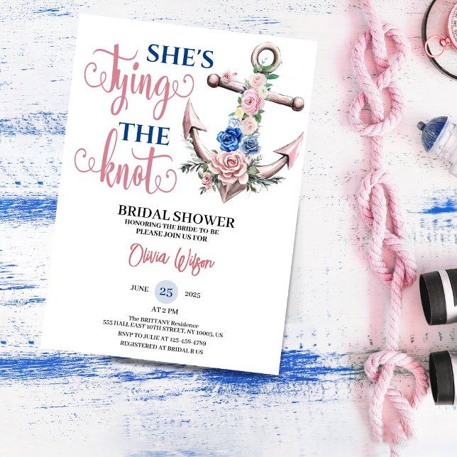 Invitación Ancla Rosa Atando el Nudo Fiesta de Despedida de S (Anchor Rose Tying the Knot Nautical Bridal shower floral summer for her blush pink bride to be invit)