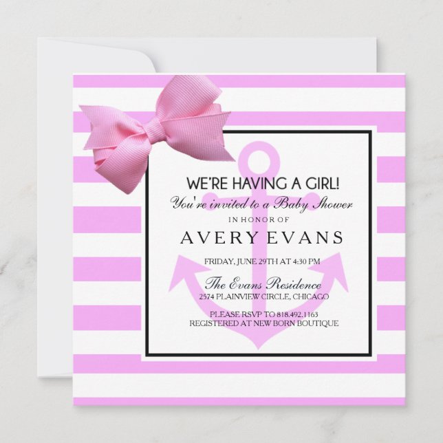 Invitación Ancla rosada náutica de Rubor es un chica Baby (Anverso)