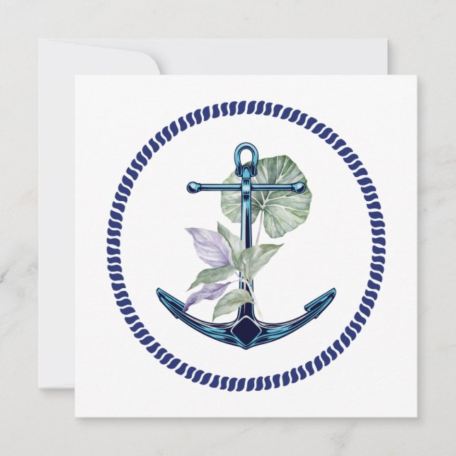 Invitación Ancla Tropical con Plantas y Flores en Blanco (Anverso)