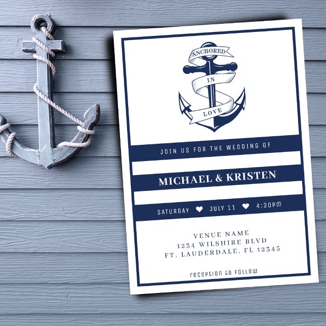 Invitación Anclado en amor Boda de Anclaje Blanco y Azul (Anchored in Love White & Blue Anchor Wedding Invitation
)
