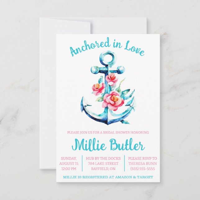 Invitación ¡Anclado en amor! Floral Bote Anchor Bridal Shower (Anverso)