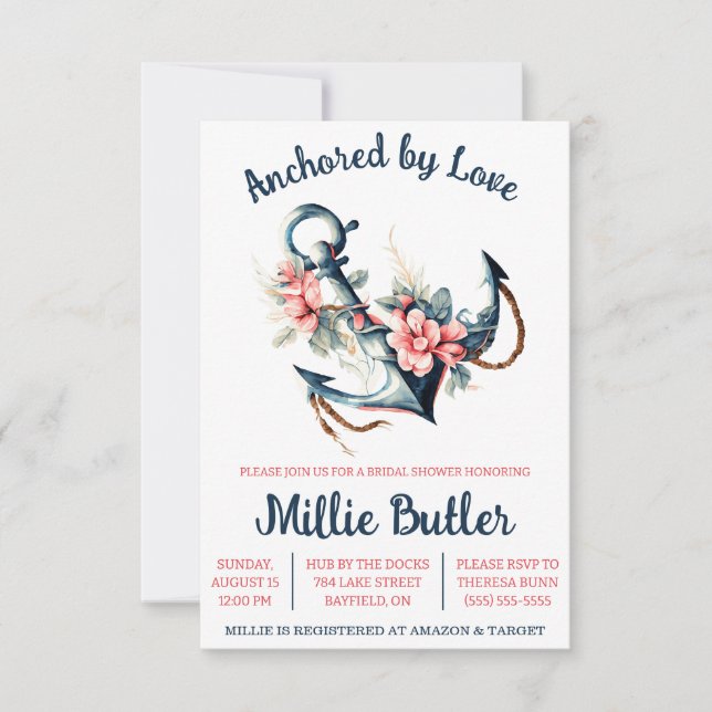 Invitación ¡Anclado por amor! Floral Bote Anchor Bridal Showe (Anverso)