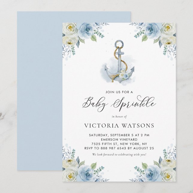 Invitación Anclaje acuático y flores azules rociar el bebé (Anverso / Reverso)
