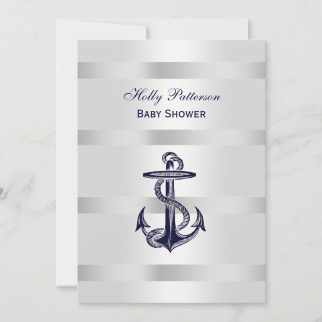 Invitación Anclaje azul naumático Plata Wt BG V Baby Shower (Anverso)