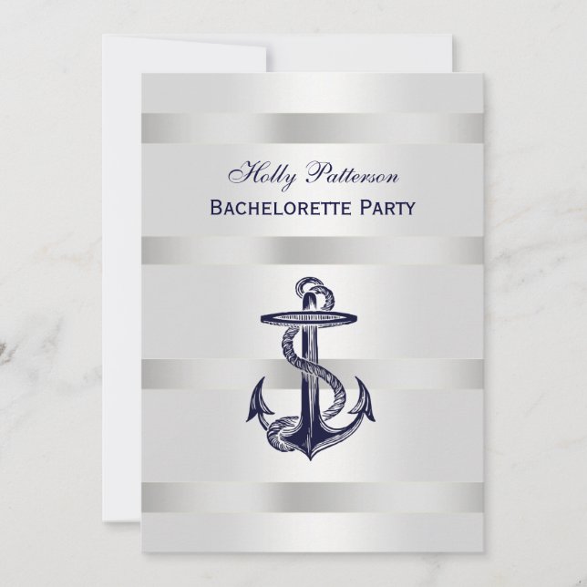 Invitación Anclaje Azul Náutico Plata Wt BG V Bachelorette (Anverso)