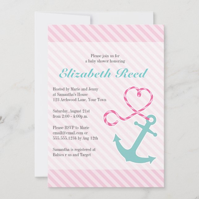 Invitación Anclaje Baby Shower Chica Náutico con Corazón (Anverso)