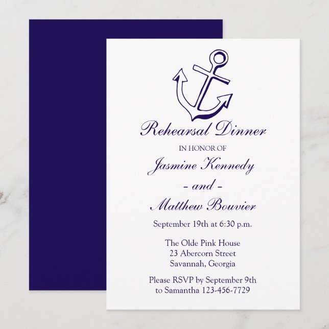 Invitación Anclaje de barco azul de la marina de cena (Anverso / Reverso)