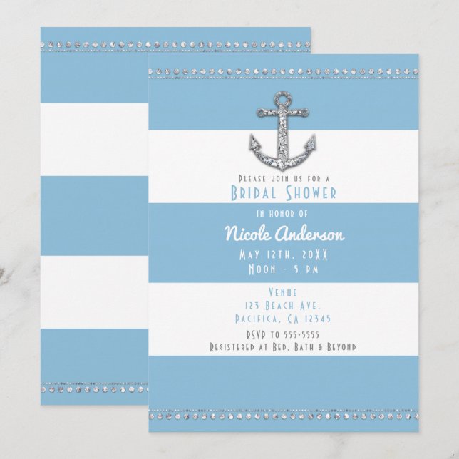 Invitación Anclaje de diamante con tiras azules y blancas (Anverso / Reverso)
