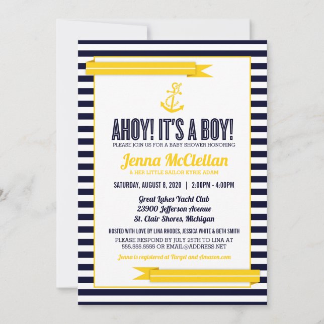 Invitación Anclaje de franja náutica Baby Shower amarillo y n (Anverso)