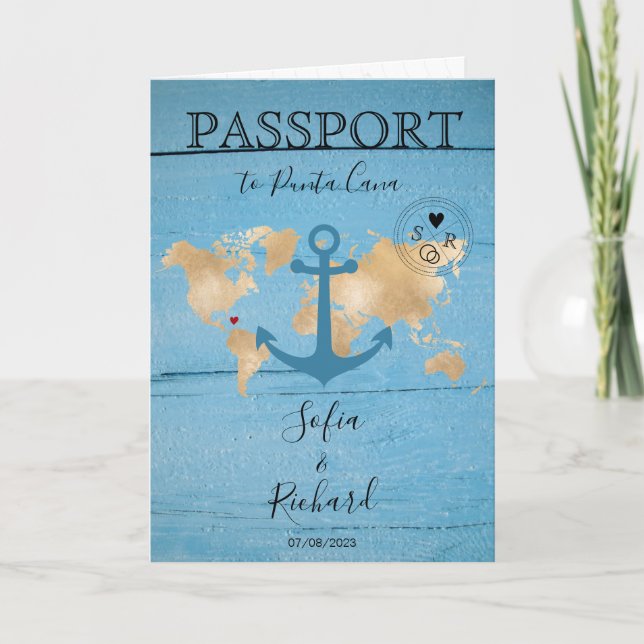 Invitación Anclaje del mapa mundial de Passport de boda de de (Anverso)
