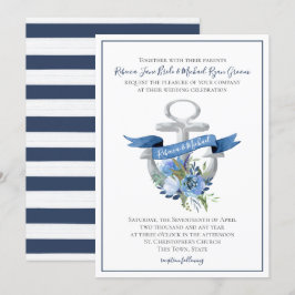 Invitación Anclaje Floral Azul Boda De Acuarela Náutica Inv