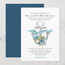 Invitación Anclaje Floral Azul Boda De Acuarela Náutica Inv