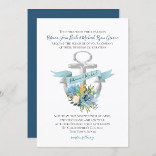 Invitación Anclaje Floral Azul Boda De Acuarela Náutica Inv