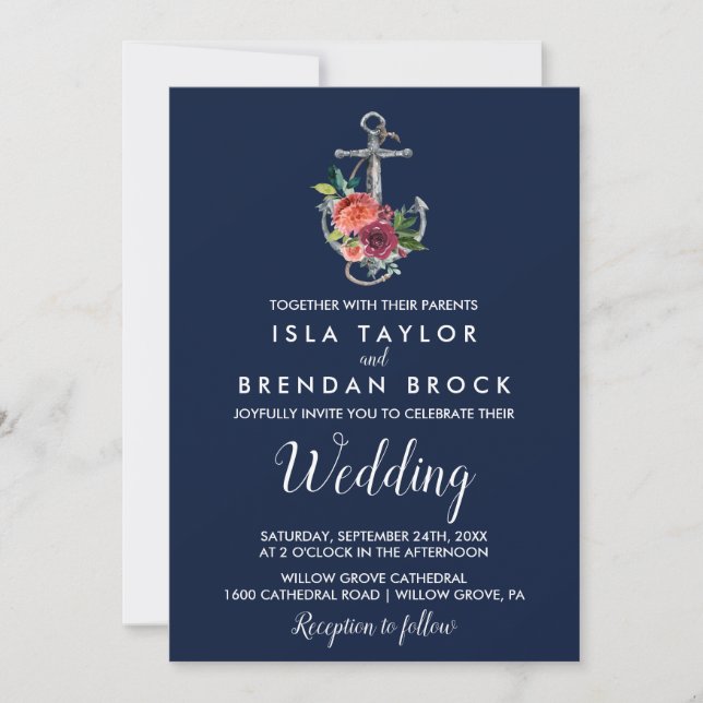 Invitación Anclaje floral | Boda de otoño de la Marina (Anverso)