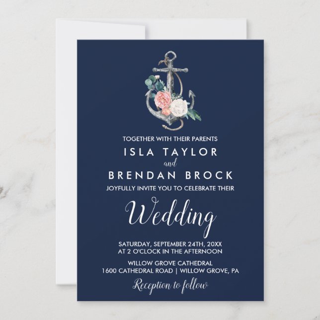Invitación Anclaje floral | Boda de verano de la Marina (Anverso)