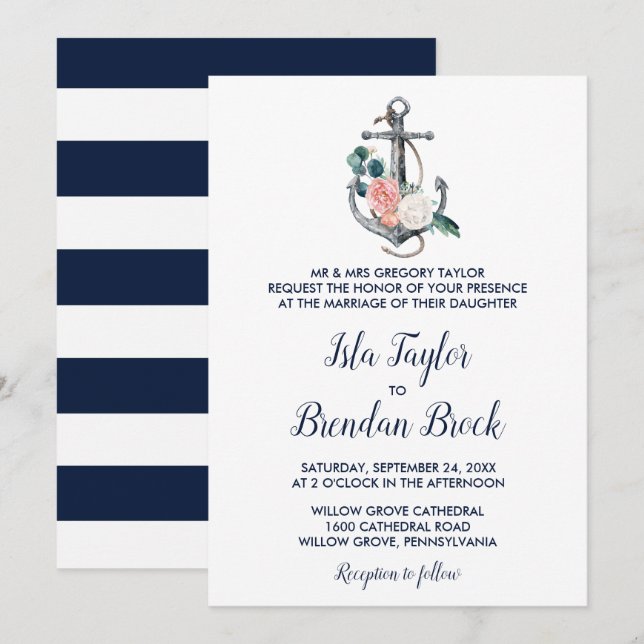 Invitación Anclaje floral | Boda formal de verano (Anverso / Reverso)
