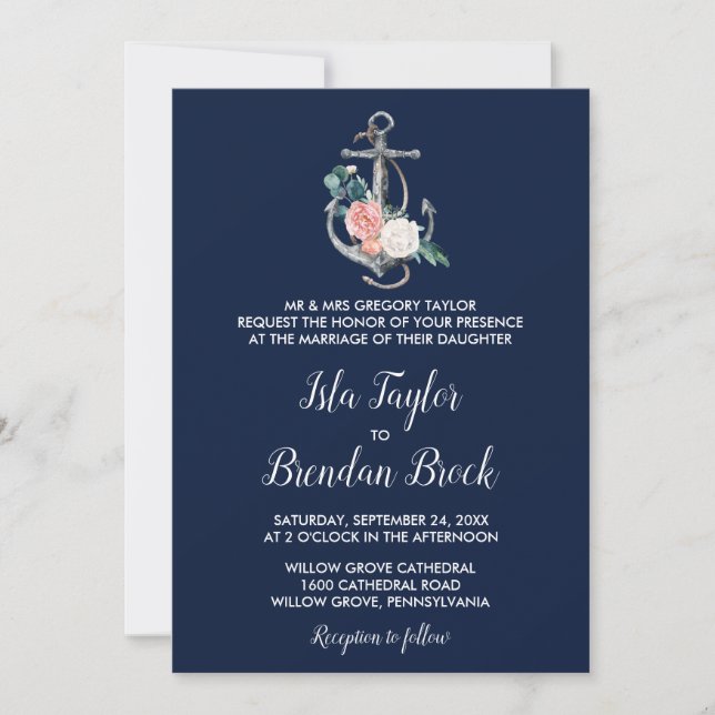Invitación Anclaje floral | Boda formal de verano naval (Anverso)