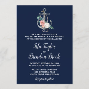 Invitación Anclaje floral   Boda formal de verano naval