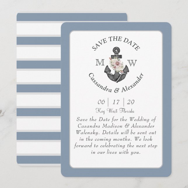 Invitación Anclaje floral Boda náutico azul turbio (Anverso / Reverso)