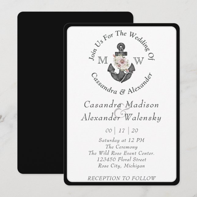 Invitación Anclaje floral Boda náutico franja blanca negra (Anverso / Reverso)