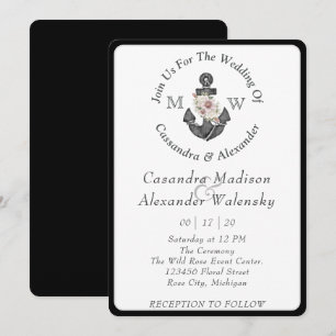 Invitación Anclaje floral Boda náutico franja blanca negra