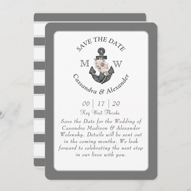 Invitación Anclaje floral Boda náutico gris plateado blanco (Anverso / Reverso)